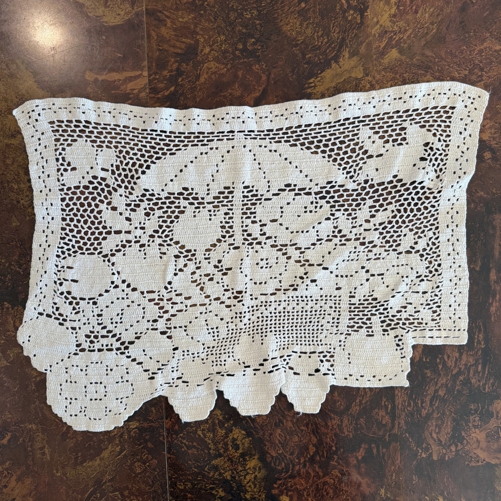 XL Handmade Filet Crochet Chair Back | Vintage Floral Urn Antimacassar Wall Art